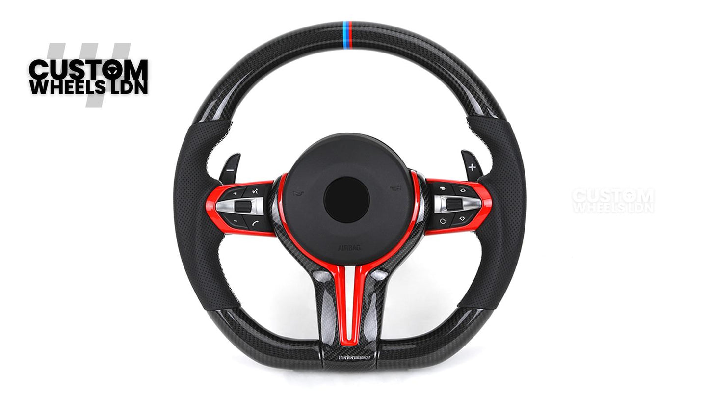 BMW Custom Carbon Fibre Steering Wheel – Red Trim | Perforated Leather | M Stripe | Plug & Play | Fits 1 Series F20, 2 Series F22, 3 Series F30, 4 Series F32, M2, M3, M4, X1 F48, X2 F39, Z4 G29 + more