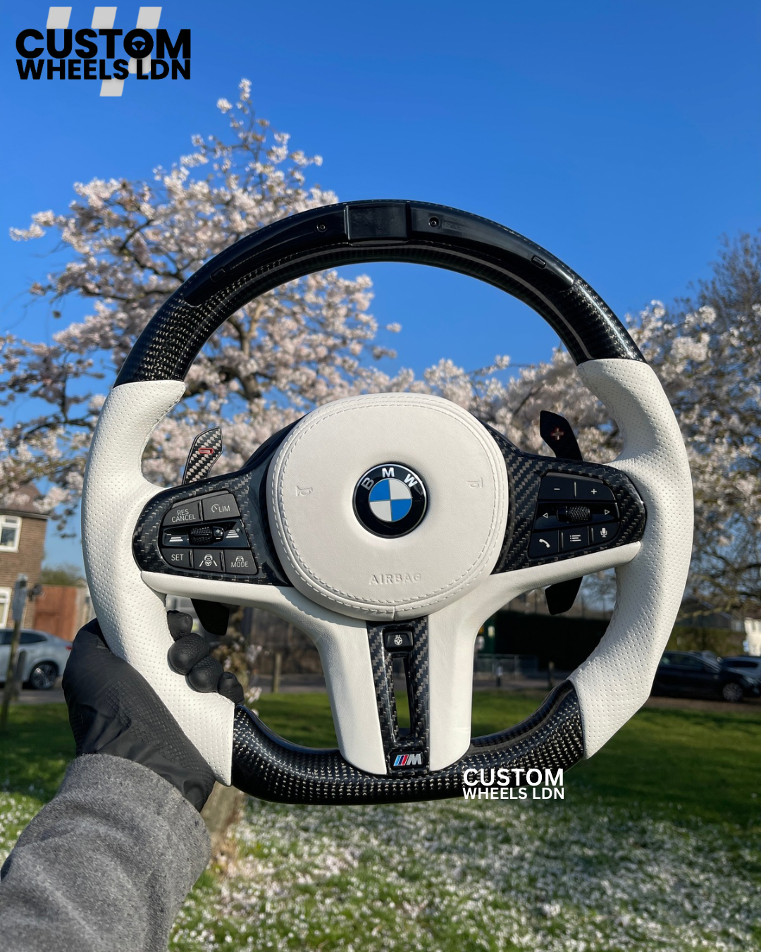 BMW Custom Steering Wheel for F and G | In Stock | – Carbon Fiber & White Leather Fully Loaded with M1/M2 Option