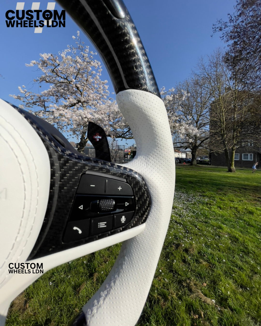 BMW Custom Steering Wheel for F and G | In Stock | – Carbon Fiber & White Leather Fully Loaded with M1/M2 Option