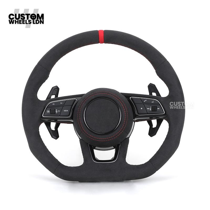 Audi Custom B9 Flat Bottom Steering Wheel – Alcantara Grip, Red Stitching, Red Centre Stripe, Black Paddles, RS3 Badge | Fits A3, S3, RS3, A4, S4, A5, S5, Q5, SQ5 + more | Plug & Play | With Airbag | Upgrade for Older Models Available