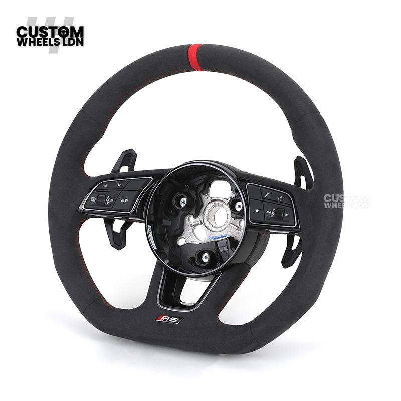 Audi Custom B9 Flat Bottom Steering Wheel – Alcantara Grip, Red Stitching, Red Centre Stripe, Black Paddles, RS3 Badge | Fits A3, S3, RS3, A4, S4, A5, S5, Q5, SQ5 + more | Plug & Play | With Airbag | Upgrade for Older Models Available