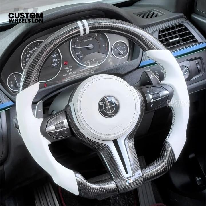 BMW Custom Carbon Fibre Steering Wheel – White Perforated Leather | M-Stripe Marker | Plug & Play | Fits older models