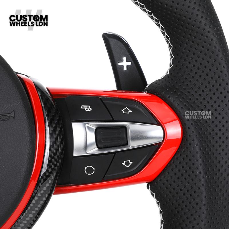 BMW Custom Carbon Fibre Steering Wheel – Red Trim | Perforated Leather | M Stripe | Plug & Play | Fits 1 Series F20, 2 Series F22, 3 Series F30, 4 Series F32, M2, M3, M4, X1 F48, X2 F39, Z4 G29 + more
