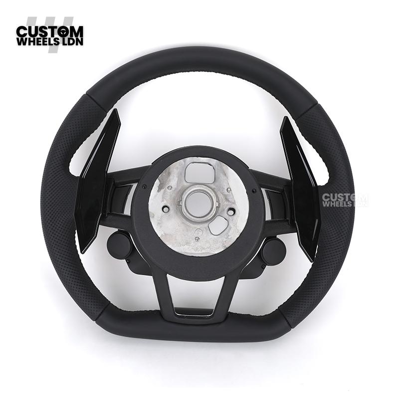Audi Custom R8-Style Flat Bottom Steering Wheel – Black Leather, Gloss Black Paddles, Start Button, Retrofit Wiring Kit Included | Fits A4, A5, S5, A6, A7, Q5, SQ5 + more | Plug & Play | With Airbag | Upgrade for Older Models Available