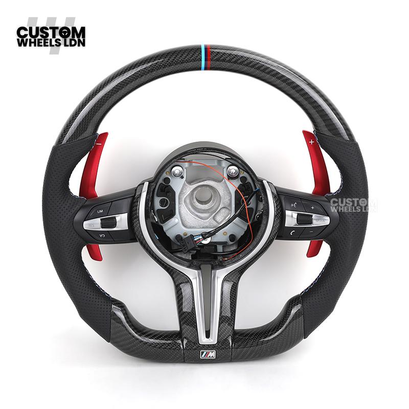 BMW Custom Carbon Fibre Steering Wheel – Red Paddles | Perforated Leather | M-Stripe Marker | Plug & Play | Fits 1 Series F20, 2 Series F22, 3 Series F30, 4 Series F32, M2, M3, M4, X1 F48, X2 F39, Z4 G29 + more