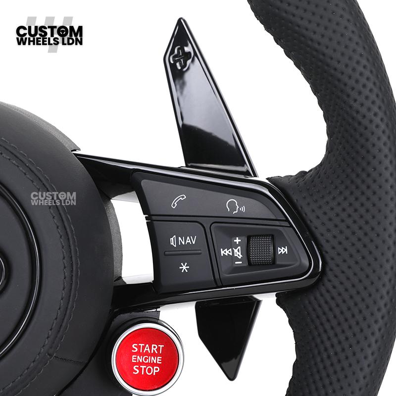 Audi Custom R8-Style Flat Bottom Steering Wheel – Black Leather, Black Stitching, Gloss Black Paddles, Start Button | Fits A4, A5, S5, A6, A7, S6, S7, Q5, SQ5 + more | Plug & Play | With Airbag | Upgrade for Older Models Available
