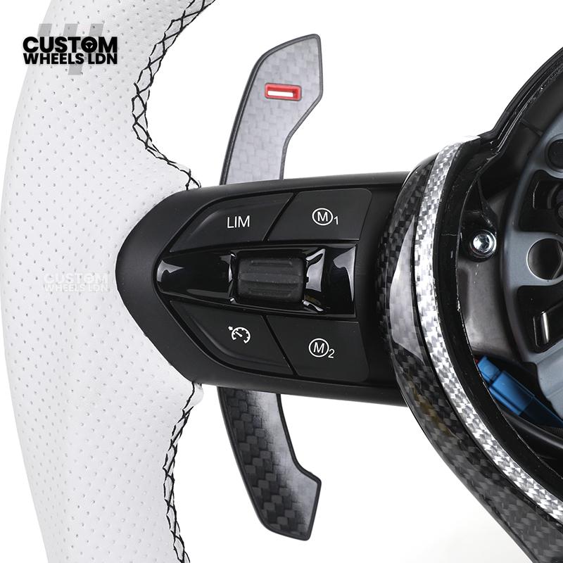 BMW Custom Carbon Fibre Steering Wheel – White Perforated Leather | M-Stripe Marker, Magnetic Paddle Shifter's | Plug & Play | Fits older models