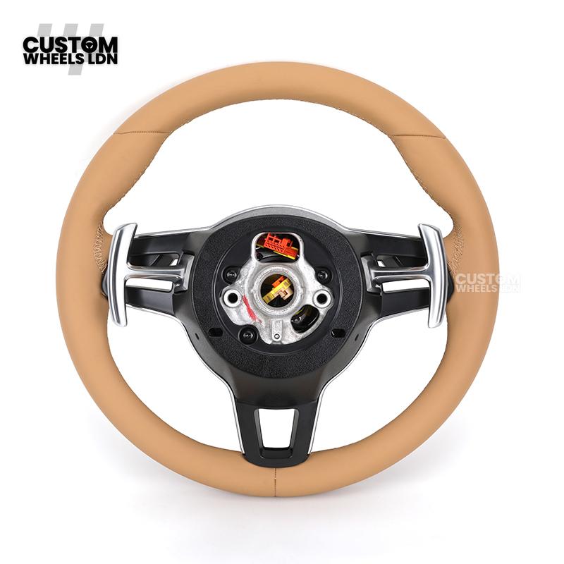 Porsche Custom Steering Wheel – Beige Leather with Chrome Trim | Fits 997, 991, Panamera, Cayenne, Cayman (2000+ Plug & Play)