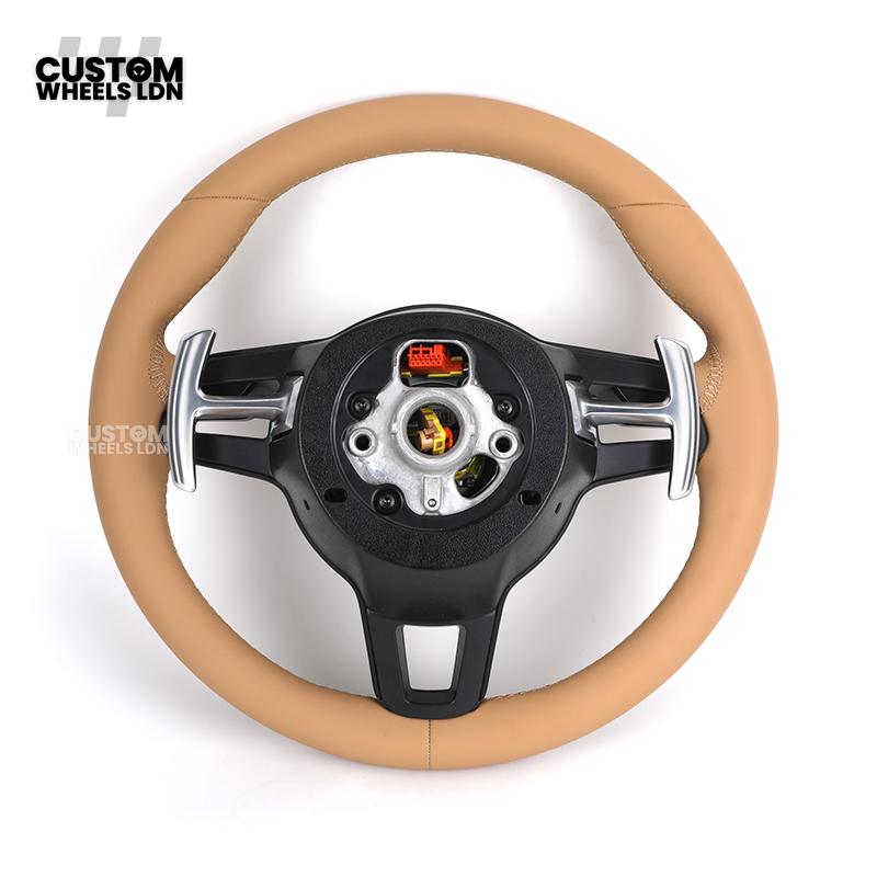 Porsche Custom Steering Wheel – Full Beige Leather with Black Trim | Fits 997, 991, Panamera, Cayenne (2000+ Plug & Play)