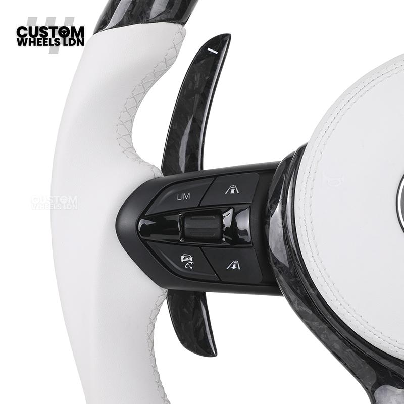 BMW Forged Carbon & White Leather Steering Wheel | Paddle Shifters | M Badge | Flat Bottom | Fits 1 2 3 4 5 Series (F & E Series) + more | Complete Plug & Play
