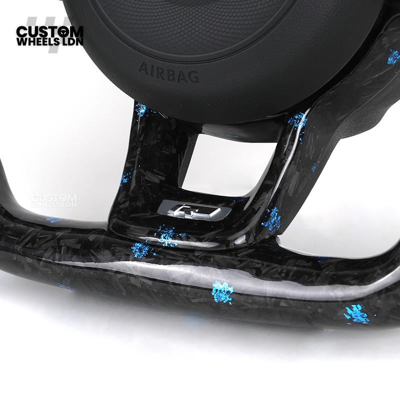 Volkswagen MK7 Custom Steering Wheel – Blue Forged Carbon with Blue Stitching & Stripe, Perforated Leather Grips | Fits Golf GTI, R, Scirocco + more | Plug & Play