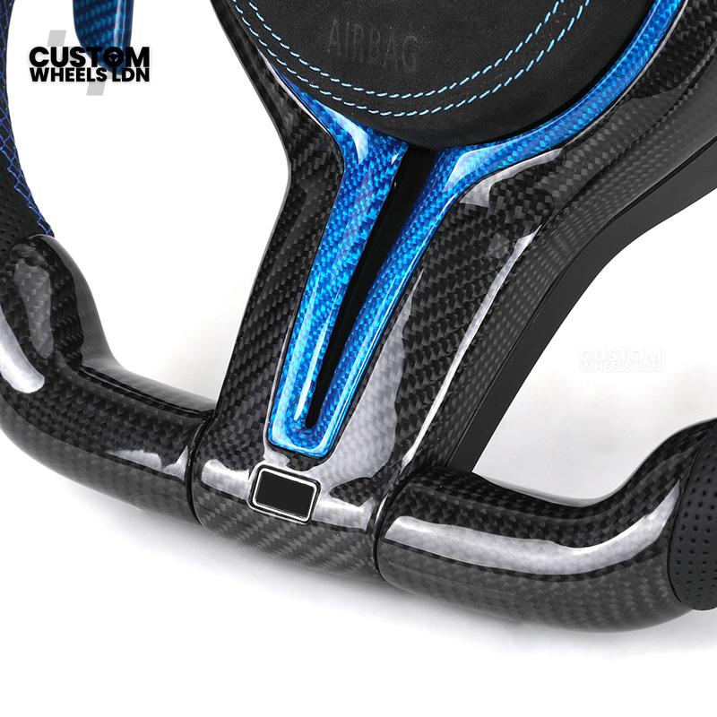 BMW Custom Carbon Fibre Steering Wheel – Blue Trim & Paddles | M Performance | Perforated Leather | Plug & Play | Fits F20, F22, F30, F32, F36, M2, M3, M4, X1, X2 + more