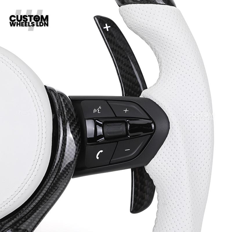 BMW Custom Carbon Fibre Steering Wheel – White Perforated Leather | M-Stripe Marker | Plug & Play | Fits older models