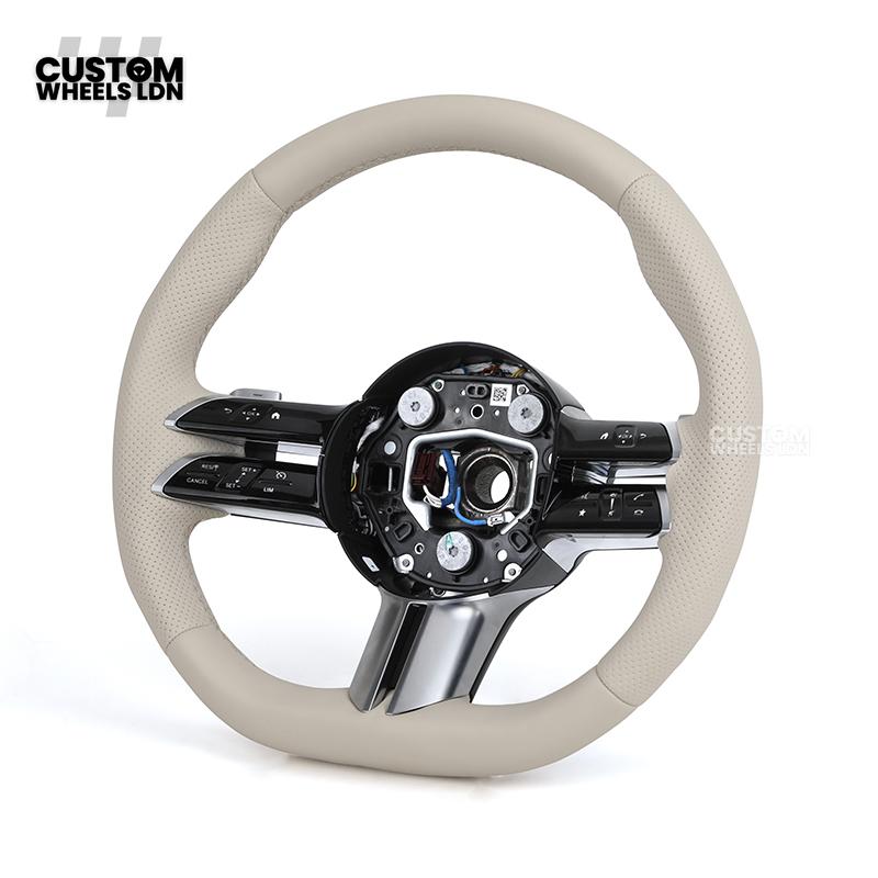 Mercedes Custom W223 Flat Bottom Steering Wheel – Beige Leather, Gloss Black Trim, Touch Control Buttons | Fits S-Class W223, GLE, GLS, E-Class W213 Facelift + more | Plug & Play | With Airbag | Retrofit Upgrade for Older Models Available