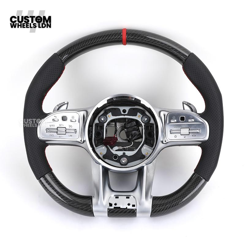 Mercedes Custom AMG Steering Wheel Carbon & Black Leather | Red Centre Stripe | AMG Style | Paddle Shifters | Complete Retrofit | Fits A-Class, C-Class, E-Class, GLC, CLA, W176, W205 + more