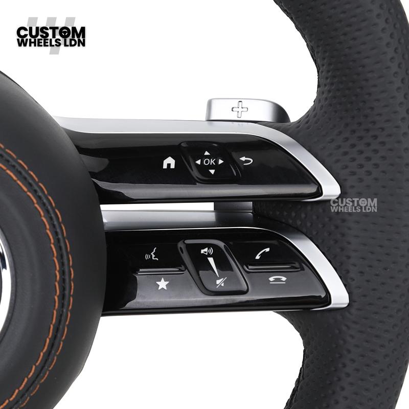 Mercedes Custom W223 Flat Bottom Steering Wheel – Black Leather, Tan Stitching, Silver Trim, Touch Control Buttons | Fits S-Class W223, GLE, GLS, E-Class W213 Facelift + more | Plug & Play | With Airbag | Retrofit Upgrade for Older Models Available