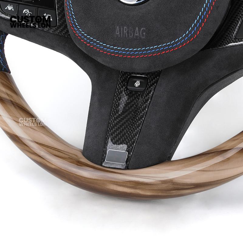 BMW Custom G-Series Steering Wheel – Gloss Wood Carbon, Flat Bottom, Alcantara Airbag – Fits G20 G21 G22 G30 G15 G05 G07 + more