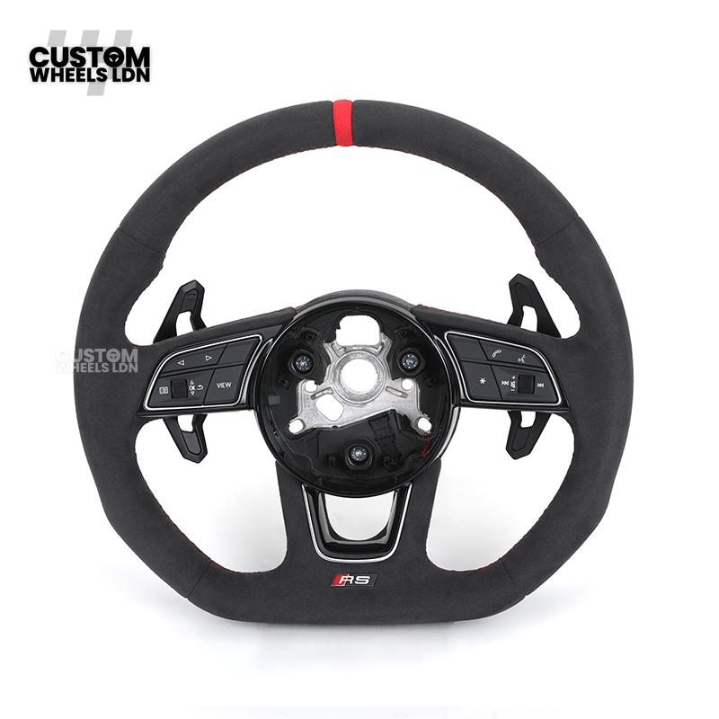 Audi Custom B9 Flat Bottom Steering Wheel – Alcantara Grip, Red Stitching, Red Centre Stripe, Black Paddles, RS3 Badge | Fits A3, S3, RS3, A4, S4, A5, S5, Q5, SQ5 + more | Plug & Play | With Airbag | Upgrade for Older Models Available