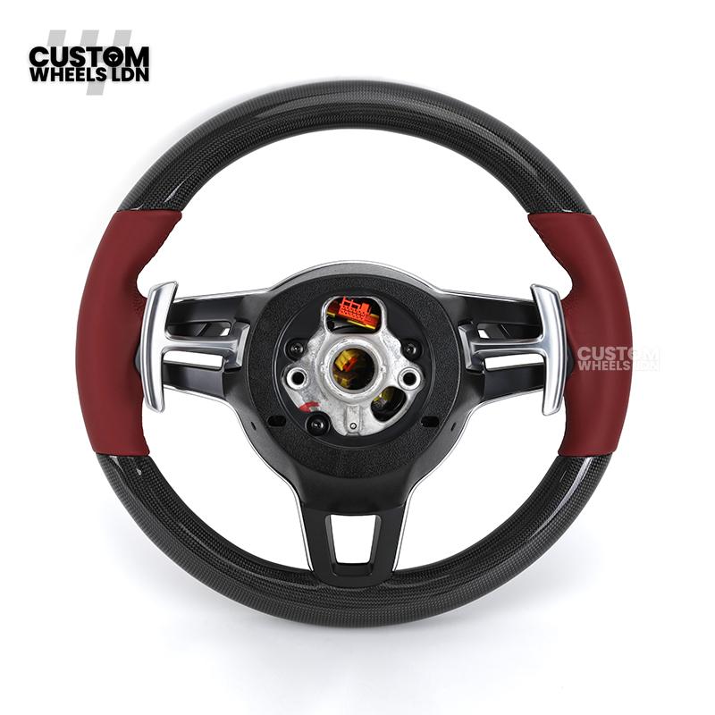 Porsche Custom Steering Wheel – Red Leather & Carbon Fibre with Chrome Trim | Fits 997, 991, Panamera, Cayenne, Cayman (2000+ Plug & Play)