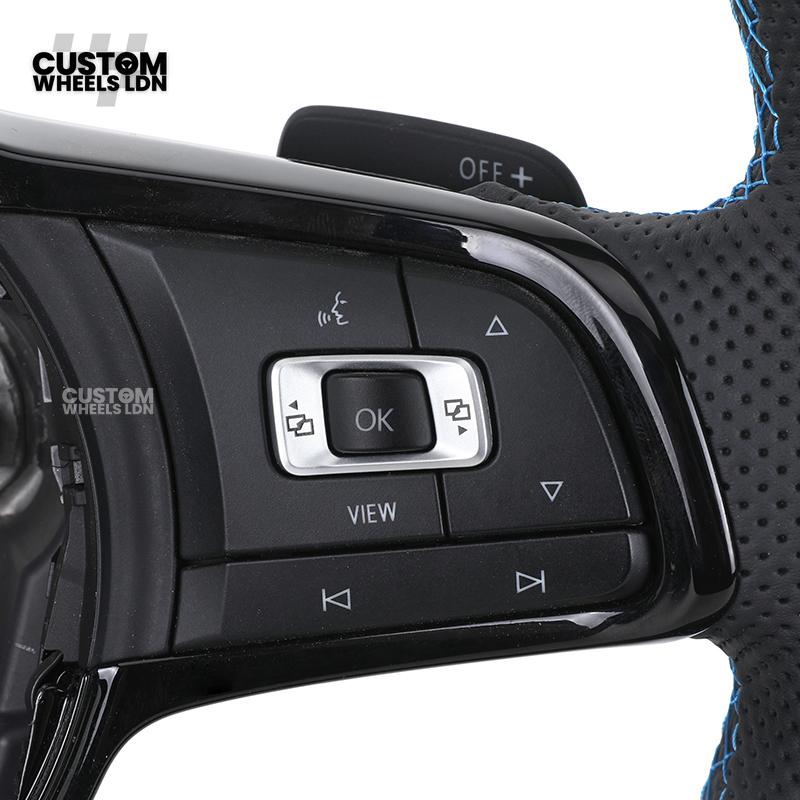 Volkswagen Custom Steering Wheel – Alcantara & Perforated Leather, Blue Centre Stripe, Flat Bottom, OEM Buttons | Fits Golf GTI, R, Polo, Passat + more | Plug & Play Retrofit Upgrade