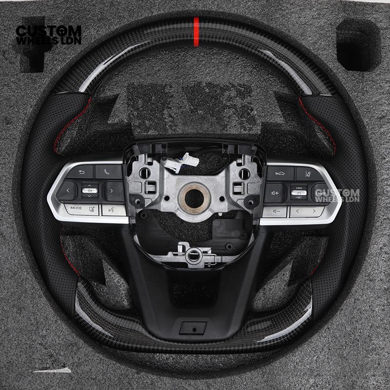 Toyota Custom GR Steering Wheel – Carbon Fiber, Flat Bottom, Red Center Stripe, Perforated Grips | Fits Yaris GR, Corolla GR + More | Plug & Play | Sporty Upgrade with Paddle Cutouts | Track-Inspired Retrofit