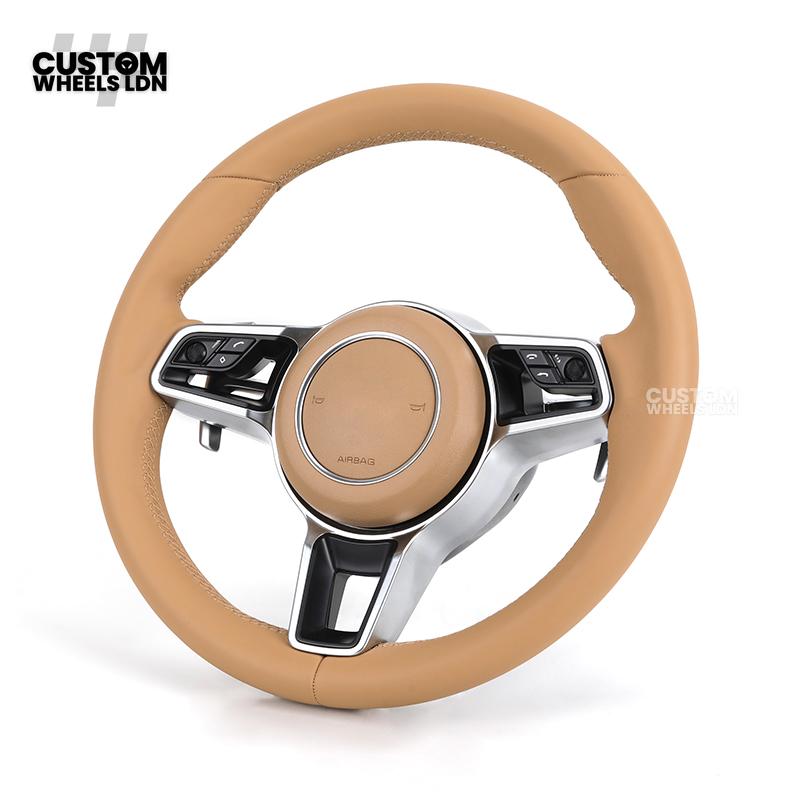 Porsche Custom Steering Wheel – Beige Leather with Chrome Trim | Fits 997, 991, Panamera, Cayenne, Cayman (2000+ Plug & Play)