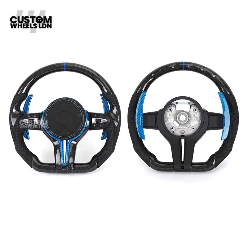 BMW Custom Carbon Fibre Steering Wheel – Blue Trim & Paddles | M Performance | Perforated Leather | Plug & Play | Fits F20, F22, F30, F32, F36, M2, M3, M4, X1, X2 + more