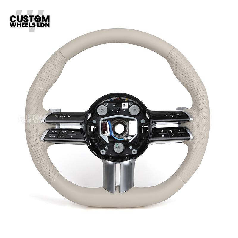 Mercedes Custom W223 Flat Bottom Steering Wheel – Beige Leather, Gloss Black Trim, Touch Control Buttons | Fits S-Class W223, GLE, GLS, E-Class W213 Facelift + more | Plug & Play | With Airbag | Retrofit Upgrade for Older Models Available