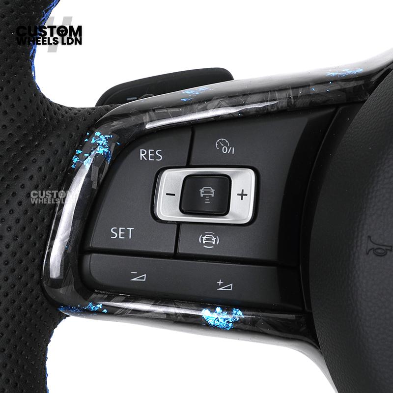 Volkswagen MK7 Custom Steering Wheel – Blue Forged Carbon with Blue Stitching & Stripe, Perforated Leather Grips | Fits Golf GTI, R, Scirocco + more | Plug & Play