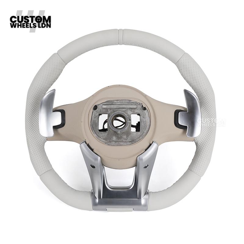 Mercedes Custom AMG Flat Bottom Steering Wheel – White Leather, Perforated Sides, Silver AMG Trim, Touch Buttons & Silver Paddles | Fits W205 C-Class, W213 E-Class, GLC, GLE, CLS + more | Plug & Play | Airbag | Retrofit Upgrade for Older Model Available