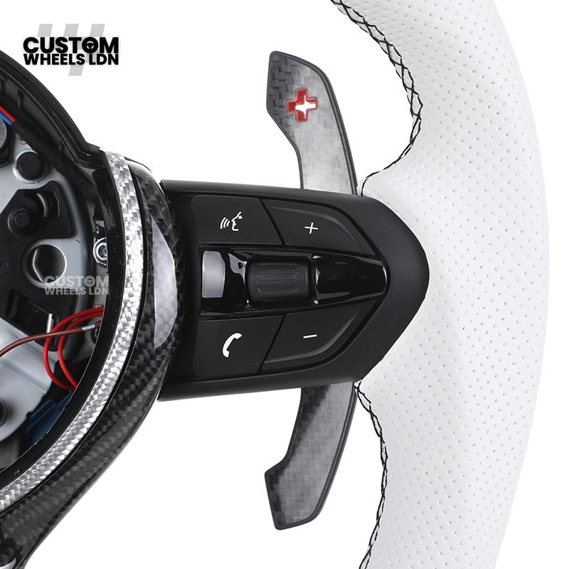 BMW Custom Carbon Fibre Steering Wheel – White Perforated Leather | M-Stripe Marker, Magnetic Paddle Shifter's | Plug & Play | Fits older models