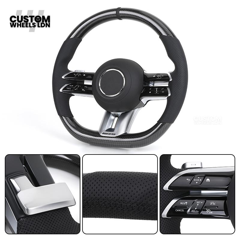Mercedes Custom W223 AMG Flat Bottom Steering Wheel – Carbon Top & Bottom, Perforated Leather Grip, Gloss Black Trim, Touch Control Buttons | Fits C63, E63, S63, GLE, GLS, S-Class W223 + more | Plug & Play | With Airbag | Retrofit Upgrade for Older Models