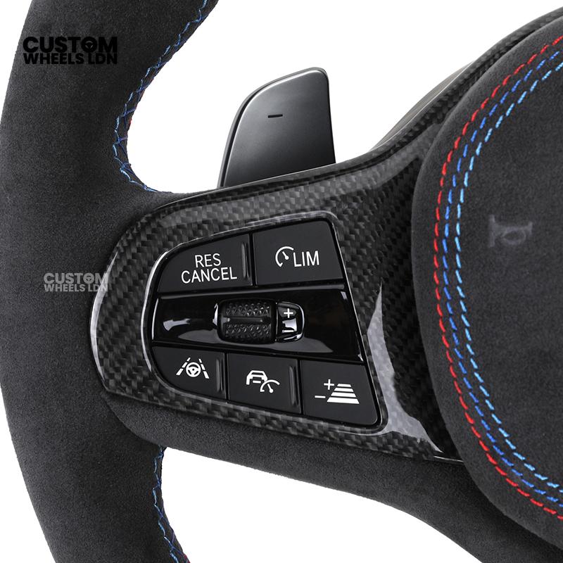 BMW Custom G-Series Steering Wheel – Gloss Wood Carbon, Flat Bottom, Alcantara Airbag – Fits G20 G21 G22 G30 G15 G05 G07 + more