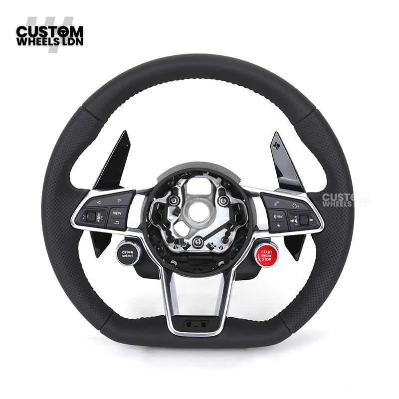 Audi Custom R8-Style Flat Bottom Steering Wheel – Black Leather, Gloss Black Paddles, Start Button, Retrofit Wiring Kit Included | Fits A4, A5, S5, A6, A7, Q5, SQ5 + more | Plug & Play | With Airbag | Upgrade for Older Models Available
