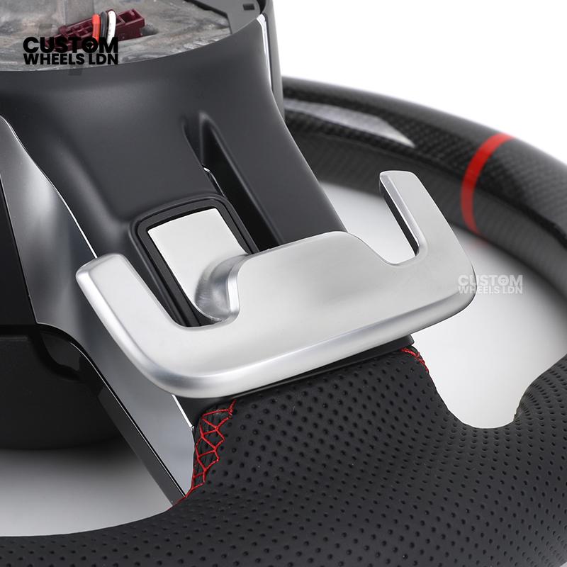 Mercedes Custom W223 AMG Flat Bottom Steering Wheel – Carbon Top & Bottom, Red Center Stripe, Perforated Grips, Silver Paddles, Touch Control Buttons | Fits C63, E63, S63, GLE, GLS, W223 + more | Plug & Play | With Airbag | Retrofit Upgrade for Older Mode