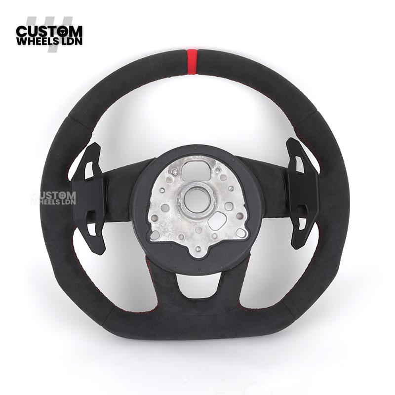 Audi Custom B9 Flat Bottom Steering Wheel – Alcantara Grip, Red Stitching, Red Centre Stripe, Black Paddles, RS3 Badge | Fits A3, S3, RS3, A4, S4, A5, S5, Q5, SQ5 + more | Plug & Play | With Airbag | Upgrade for Older Models Available