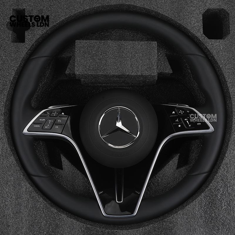 Mercedes Custom W223 Flat Bottom Steering Wheel – Smooth Black Leather, Gloss Black Trim, Touch Control Buttons | Fits S-Class W223, GLE, GLS, E-Class W213 Facelift + more | Plug & Play | With Airbag | Retrofit Upgrade for Older Models Available