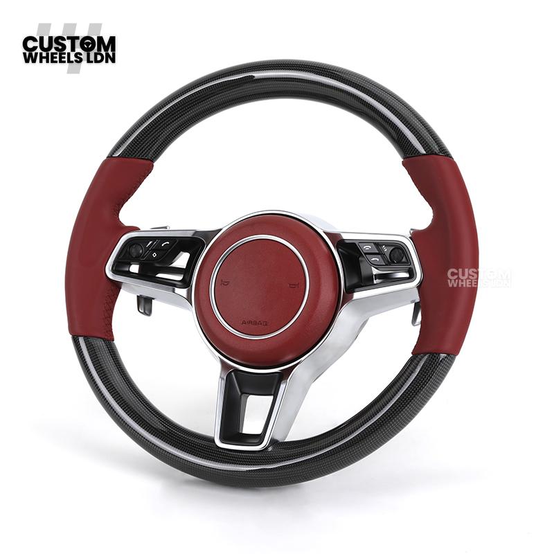 Porsche Custom Steering Wheel – Red Leather & Carbon Fibre with Chrome Trim | Fits 997, 991, Panamera, Cayenne, Cayman (2000+ Plug & Play)