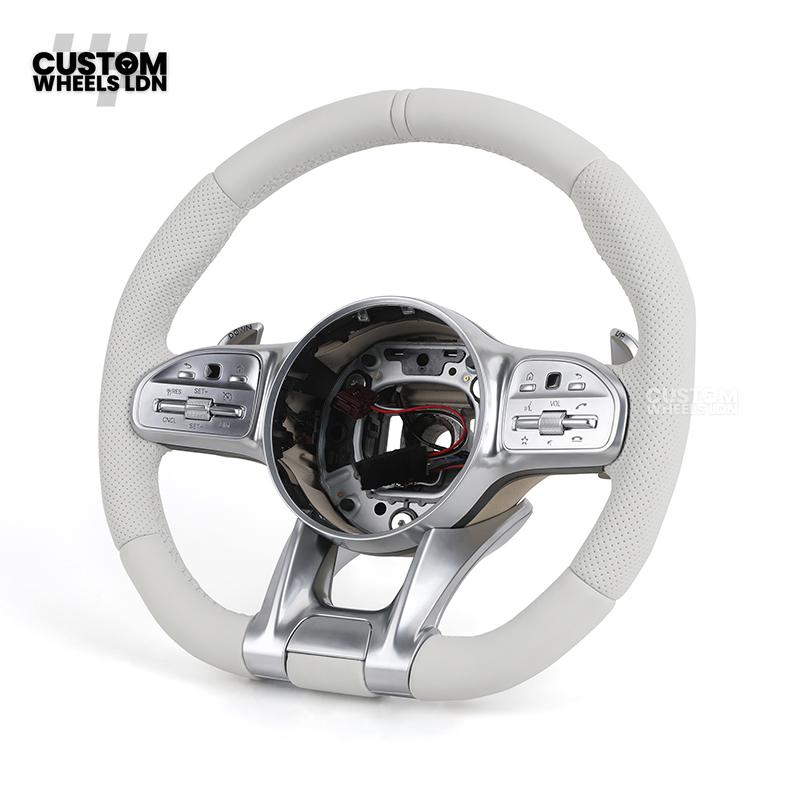Mercedes Custom AMG Flat Bottom Steering Wheel – White Leather, Perforated Sides, Silver AMG Trim, Touch Buttons & Silver Paddles | Fits W205 C-Class, W213 E-Class, GLC, GLE, CLS + more | Plug & Play | Airbag | Retrofit Upgrade for Older Model Available