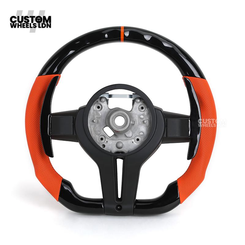 BMW Custom F-Series Piano Black & Orange Steering Wheel – Perforated Grip | Fits F20 F22 F30 F32 F36 M2 M3 M4 + more