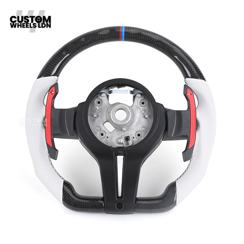 BMW Custom Carbon Fibre Steering Wheel – White Perforated Leather | M-Stripe Marker, Magnetic Paddle Shifter's | Plug & Play | Fits older models