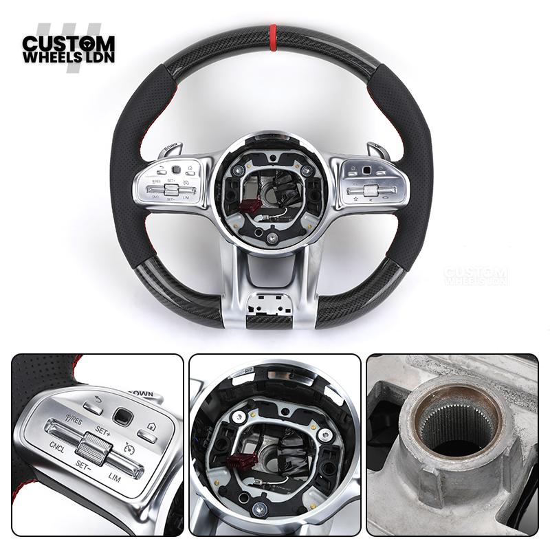 Mercedes Custom AMG Steering Wheel Carbon & Black Leather | Red Centre Stripe | AMG Style | Paddle Shifters | Complete Retrofit | Fits A-Class, C-Class, E-Class, GLC, CLA, W176, W205 + more
