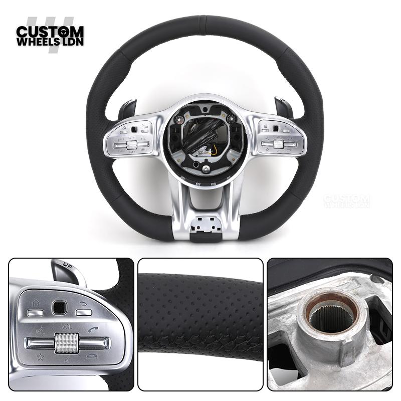 Mercedes Custom AMG Flat Bottom Steering Wheel – Full Black Leather, Black Stripe, Silver Trim, Touch Control Buttons, Silver Paddles, AMG Badge | Fits C-Class, E-Class, CLS, GLC, GLE, G-Class + more | Plug & Play | Retrofit Upgrade for Older Models