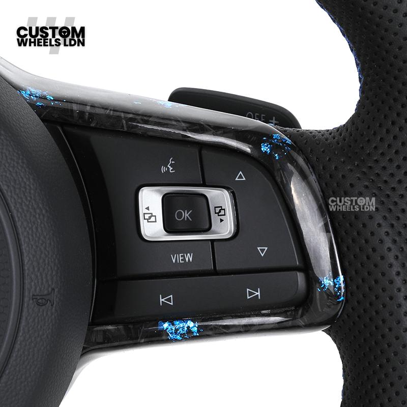 Volkswagen MK7 Custom Steering Wheel – Blue Forged Carbon with Blue Stitching & Stripe, Perforated Leather Grips | Fits Golf GTI, R, Scirocco + more | Plug & Play