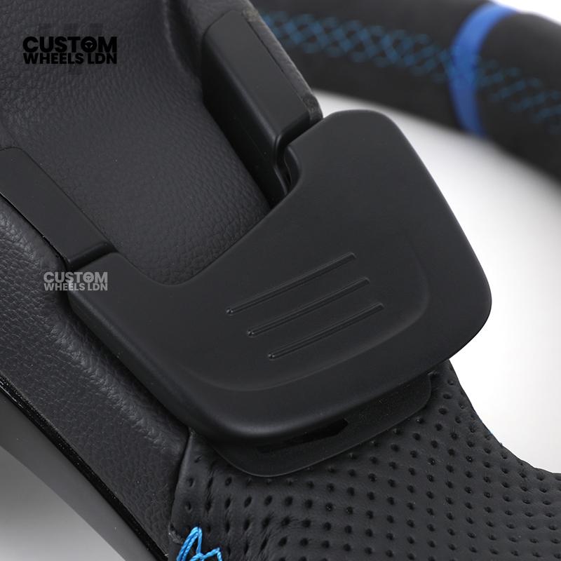 Volkswagen Custom Steering Wheel – Alcantara & Perforated Leather, Blue Centre Stripe, Flat Bottom, OEM Buttons | Fits Golf GTI, R, Polo, Passat + more | Plug & Play Retrofit Upgrade