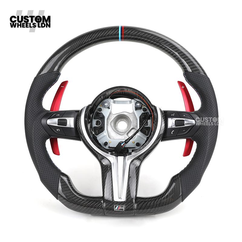 BMW Custom Carbon Fibre Steering Wheel – Red Paddles | Perforated Leather | M-Stripe Marker | Plug & Play | Fits 1 Series F20, 2 Series F22, 3 Series F30, 4 Series F32, M2, M3, M4, X1 F48, X2 F39, Z4 G29 + more