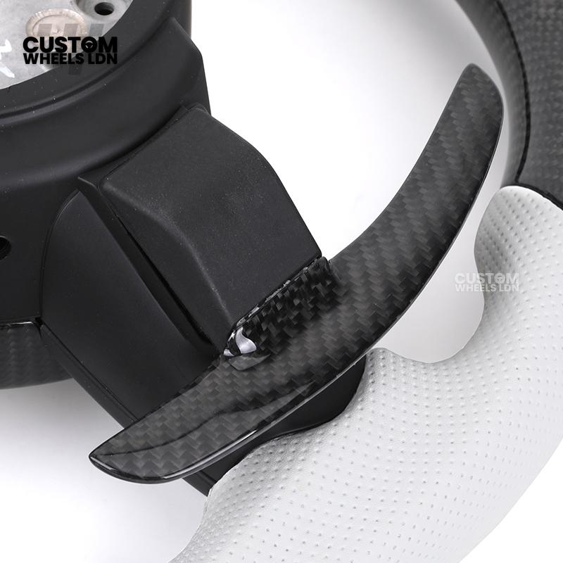 BMW Custom Carbon Fibre Steering Wheel – White Perforated Leather | M-Stripe Marker | Plug & Play | Fits older models