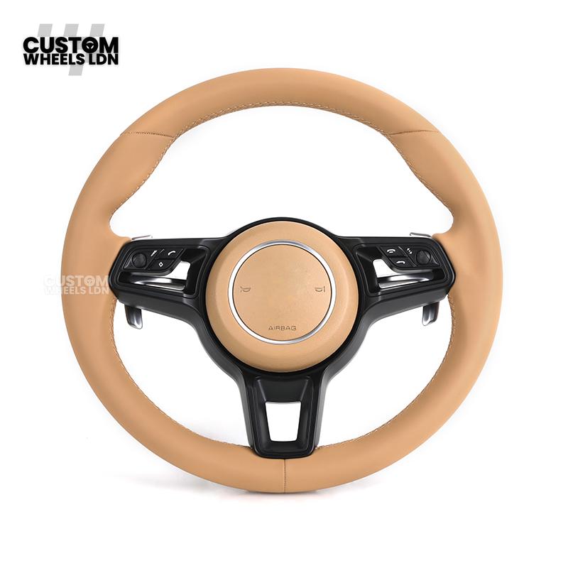 Porsche Custom Steering Wheel – Full Beige Leather with Black Trim | Fits 997, 991, Panamera, Cayenne (2000+ Plug & Play)