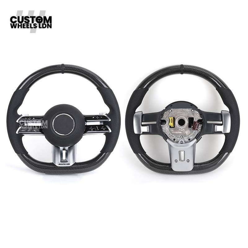 Mercedes Custom W223 AMG Flat Bottom Steering Wheel – Carbon Top & Bottom, Perforated Leather Grip, Gloss Black Trim, Touch Control Buttons | Fits C63, E63, S63, GLE, GLS, S-Class W223 + more | Plug & Play | With Airbag | Retrofit Upgrade for Older Models