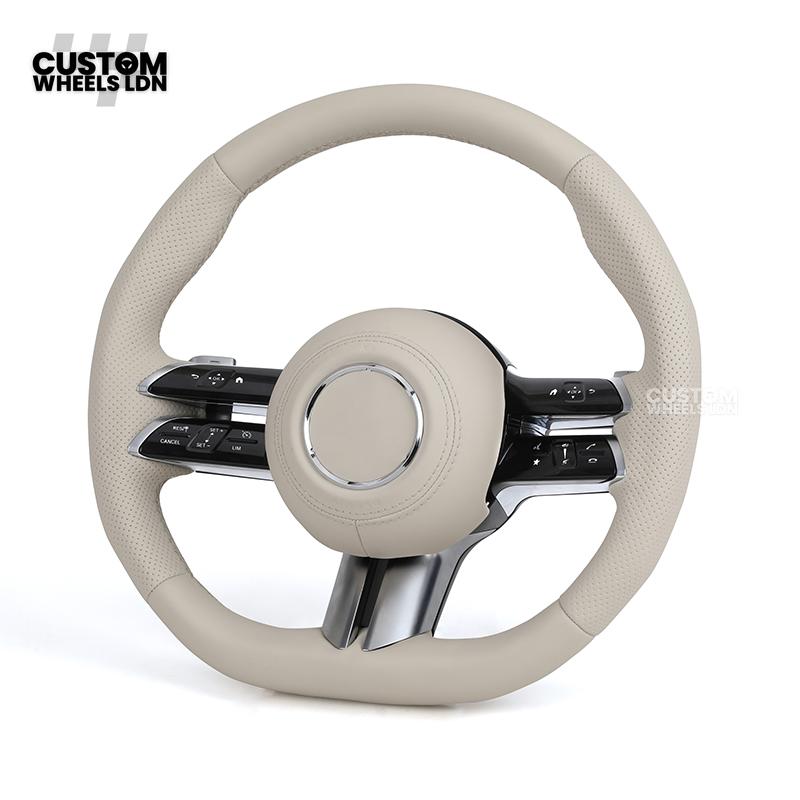 Mercedes Custom W223 Flat Bottom Steering Wheel – Beige Leather, Gloss Black Trim, Touch Control Buttons | Fits S-Class W223, GLE, GLS, E-Class W213 Facelift + more | Plug & Play | With Airbag | Retrofit Upgrade for Older Models Available
